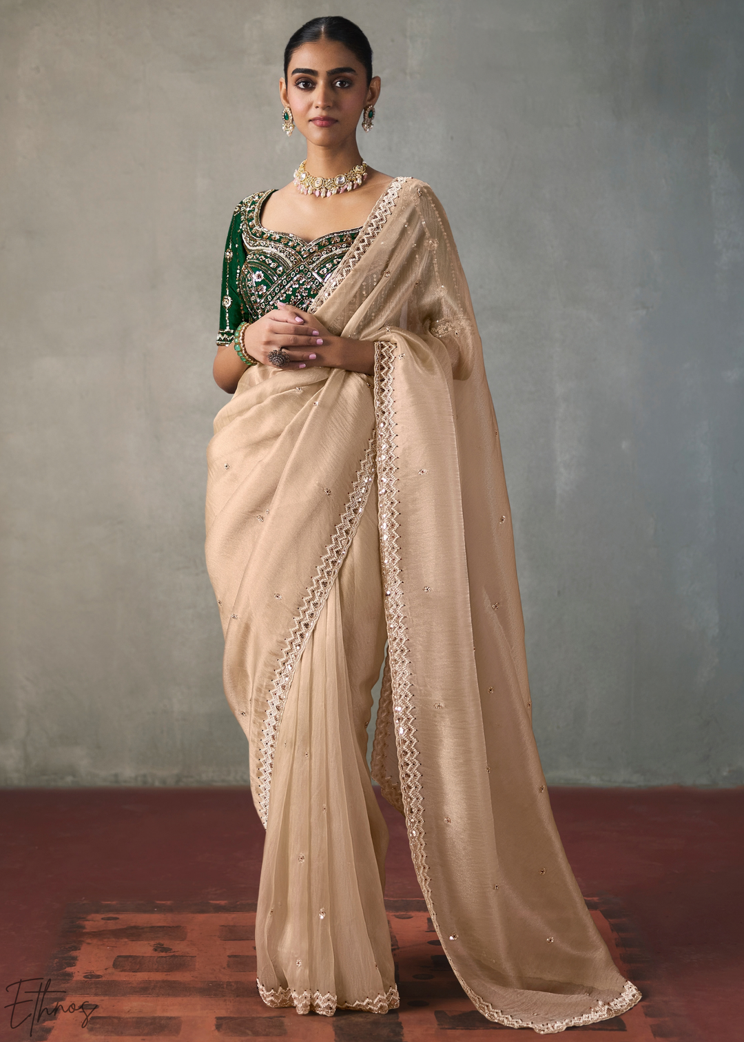 Cream Floral Scallop Beaded Border Silk Saree