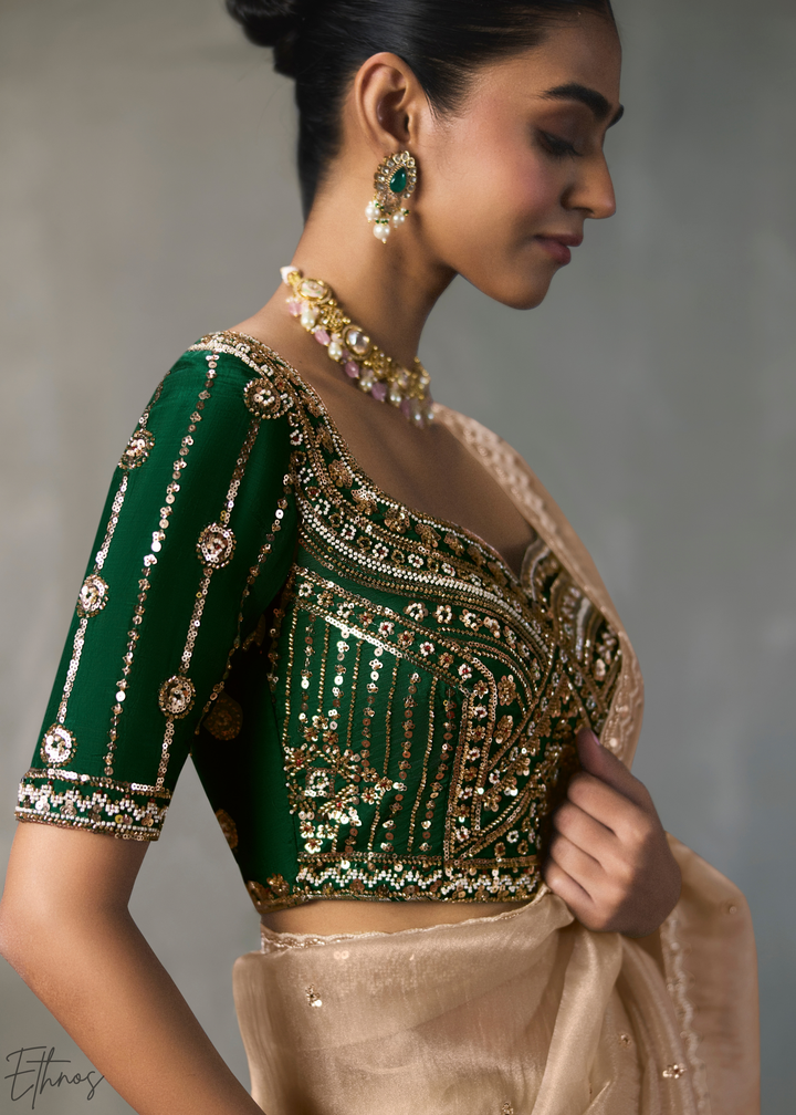 Cream Floral Scallop Beaded Border Silk Saree