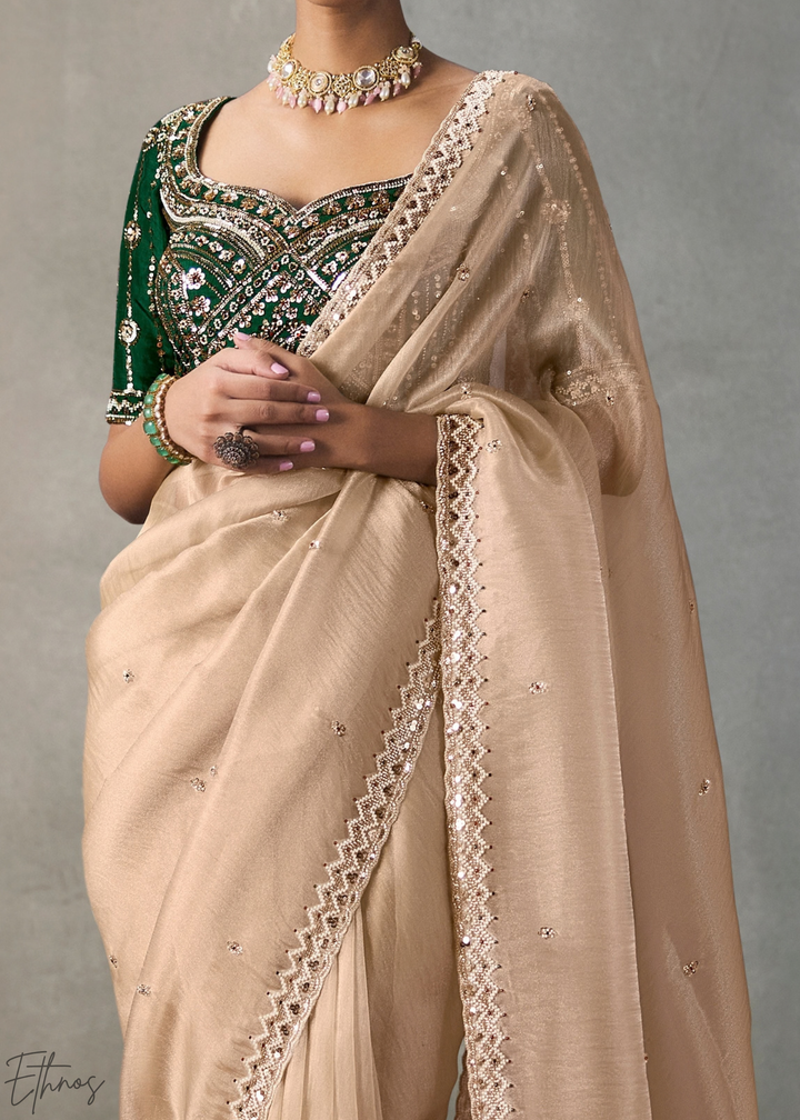 Cream Floral Scallop Beaded Border Silk Saree
