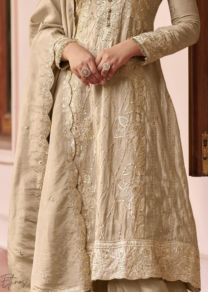 Cream Shimmer Embroidered Silk Sharara Suit