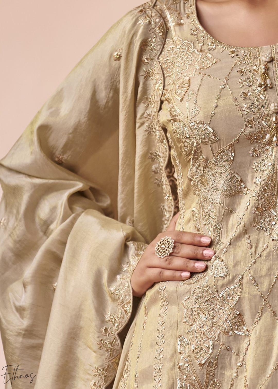Cream Shimmer Embroidered Silk Sharara Suit