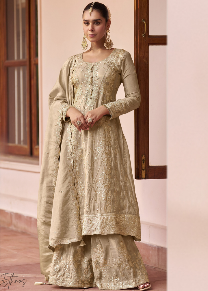 Cream Shimmer Embroidered Silk Sharara Suit