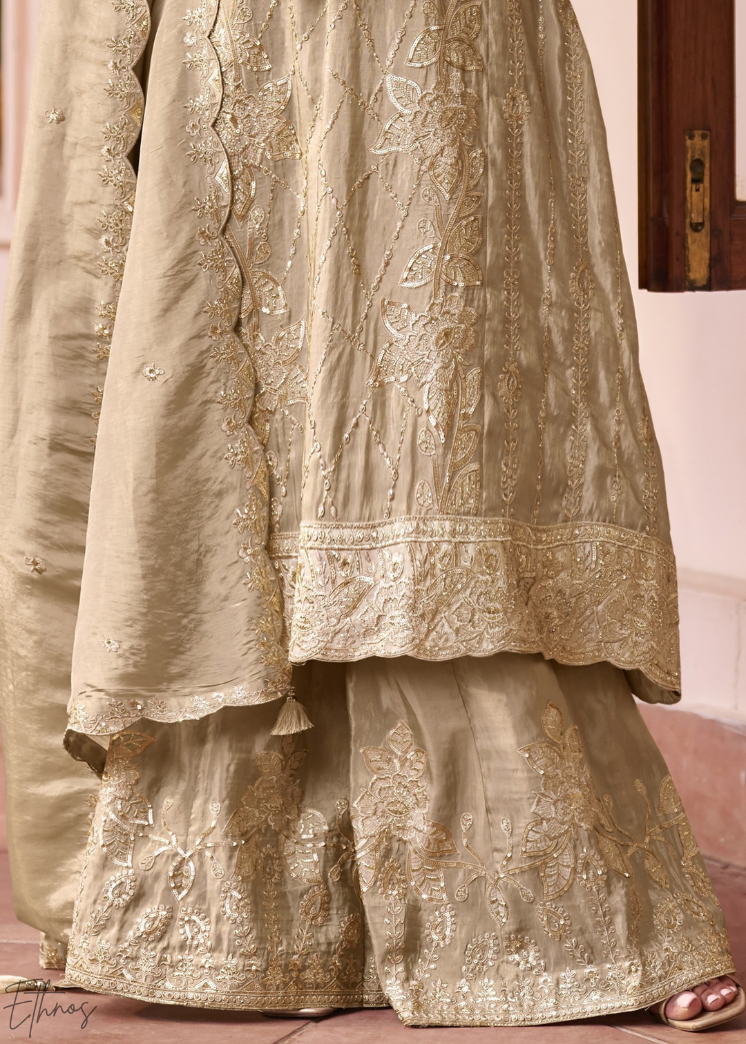 Cream Shimmer Embroidered Silk Sharara Suit
