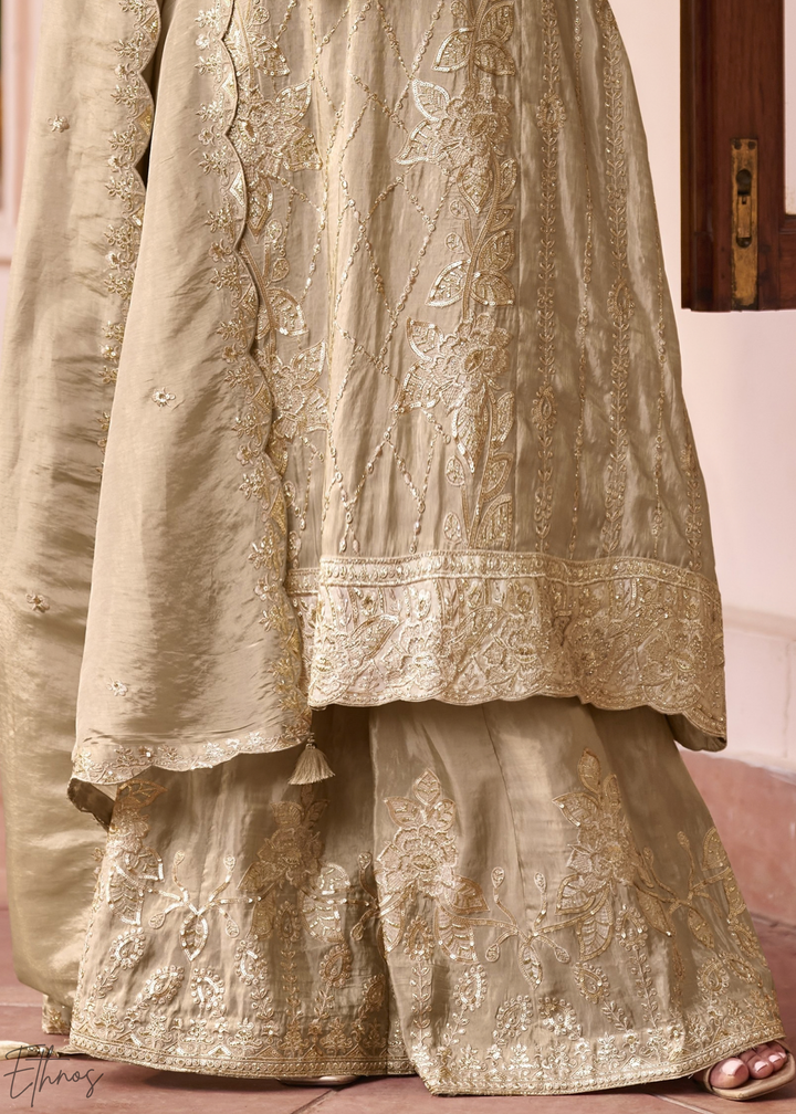 Cream Shimmer Embroidered Silk Sharara Suit