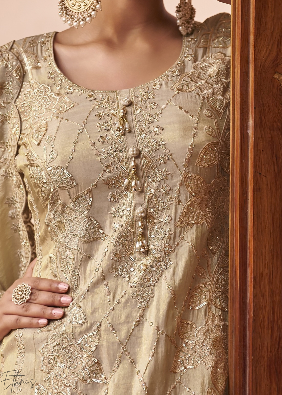 Cream Shimmer Embroidered Silk Sharara Suit