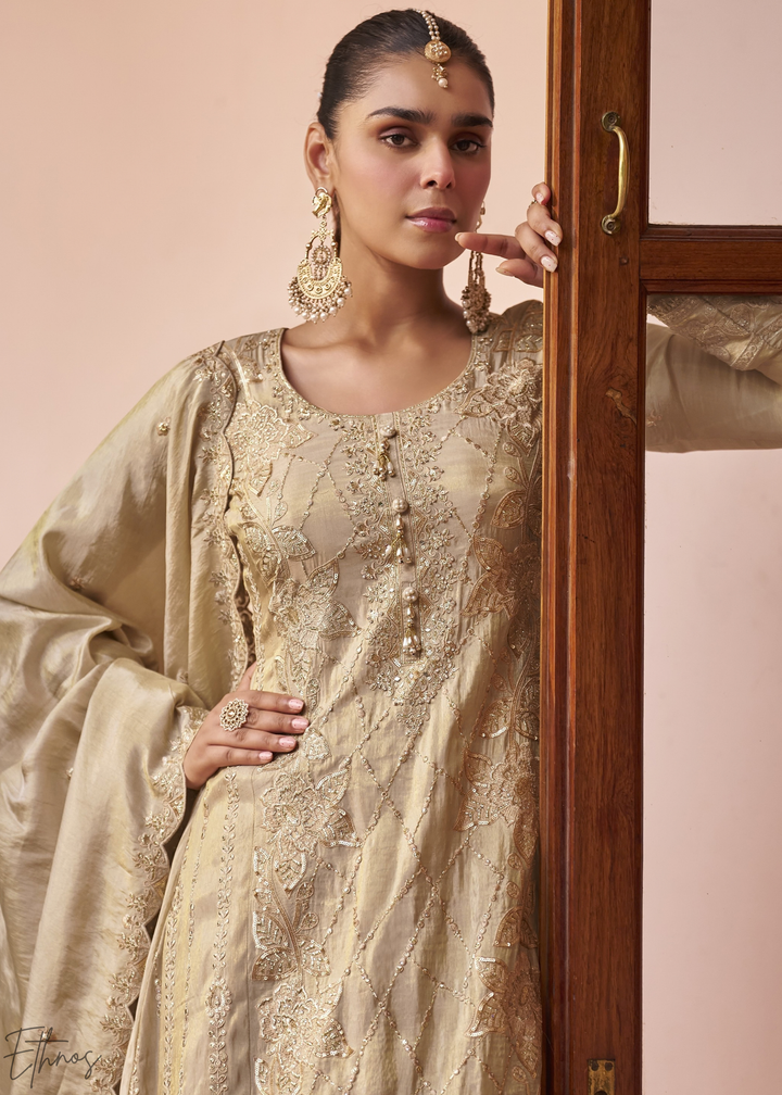 Cream Shimmer Embroidered Silk Sharara Suit