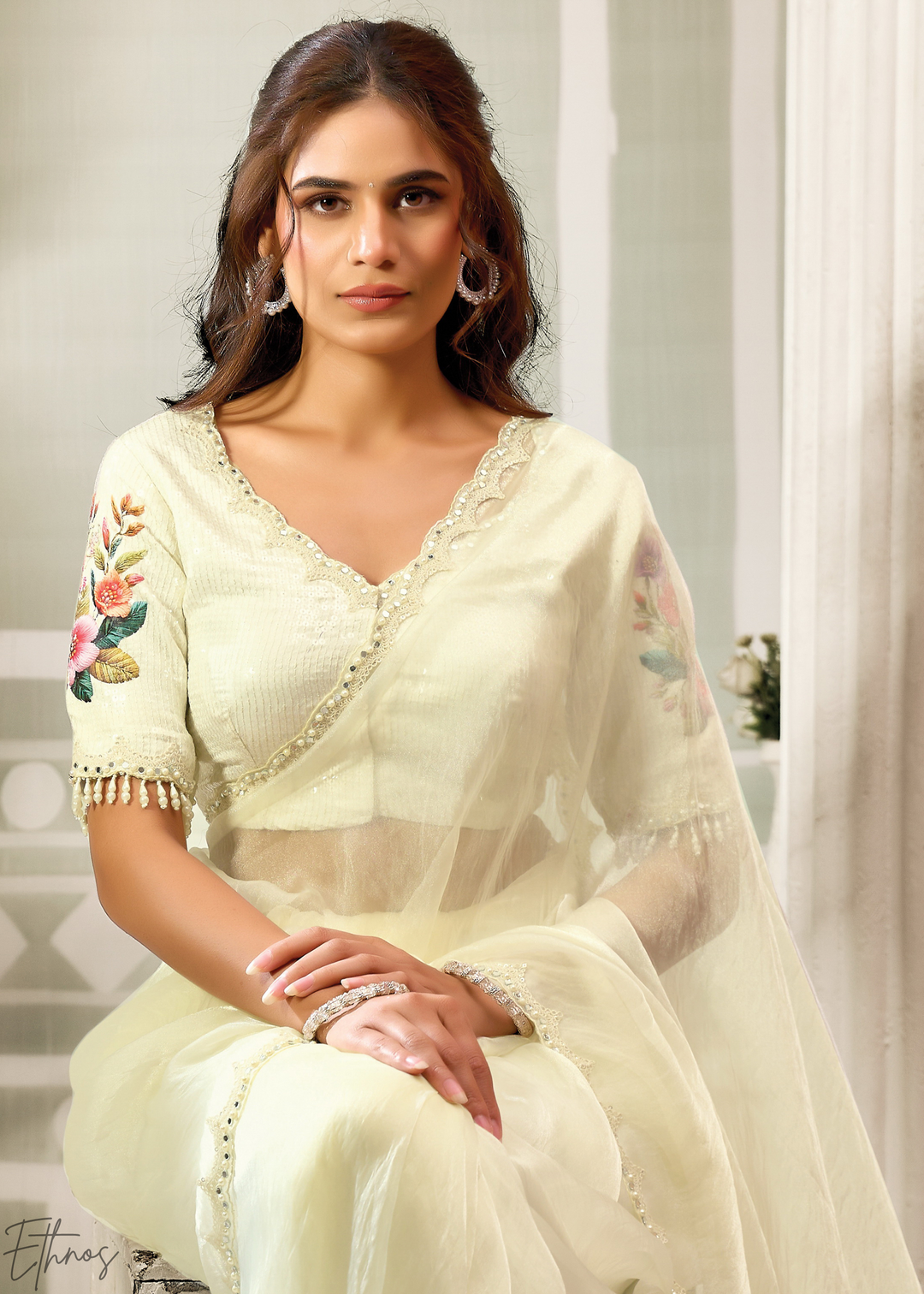 Cream White Organza Satin Silk Saree