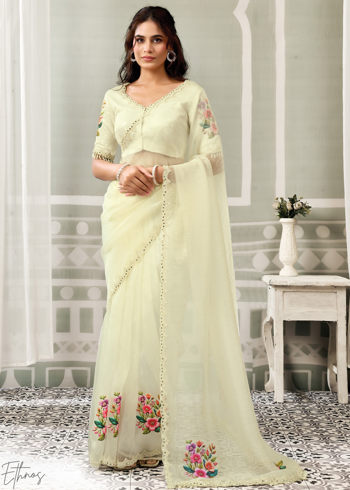 Cream White Organza Satin Silk Saree