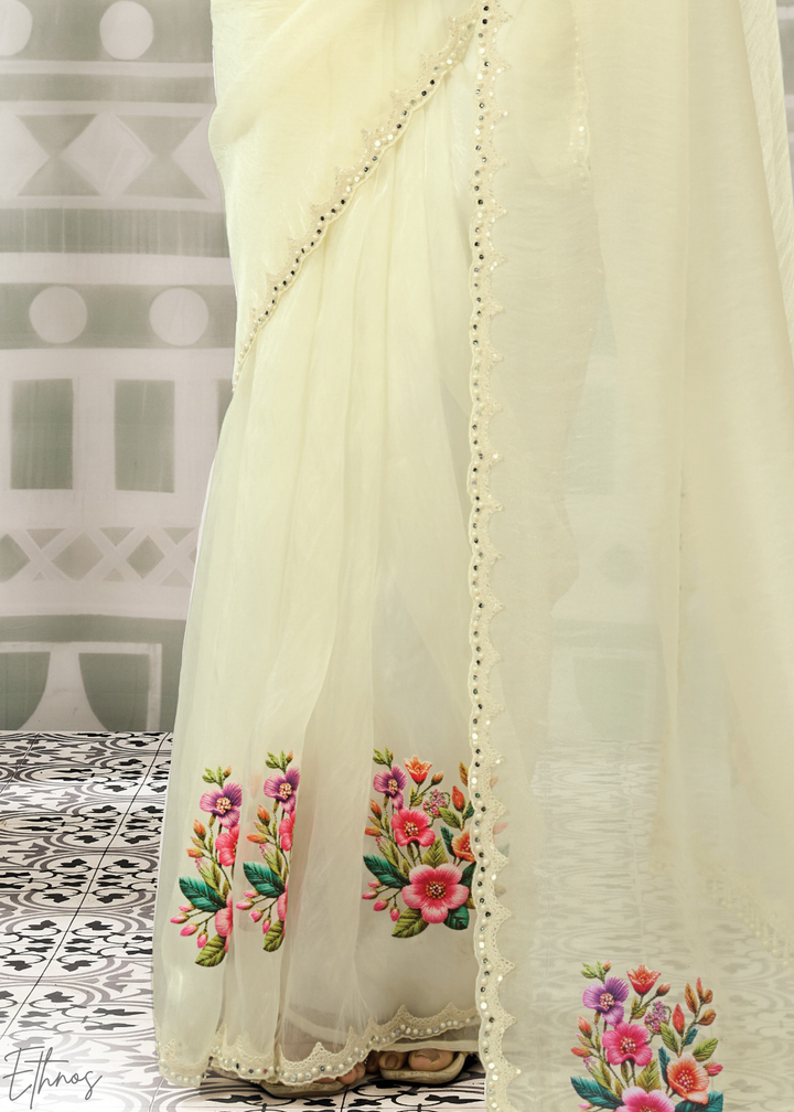 Cream White Organza Satin Silk Saree