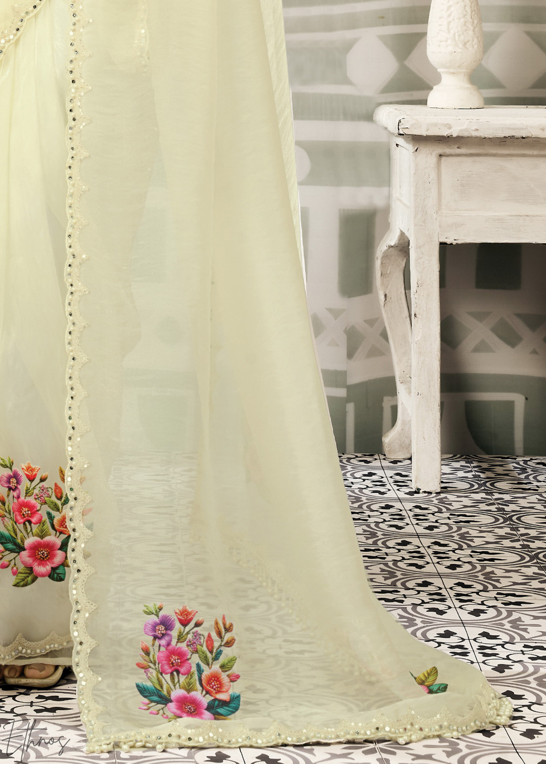 Cream White Organza Satin Silk Saree