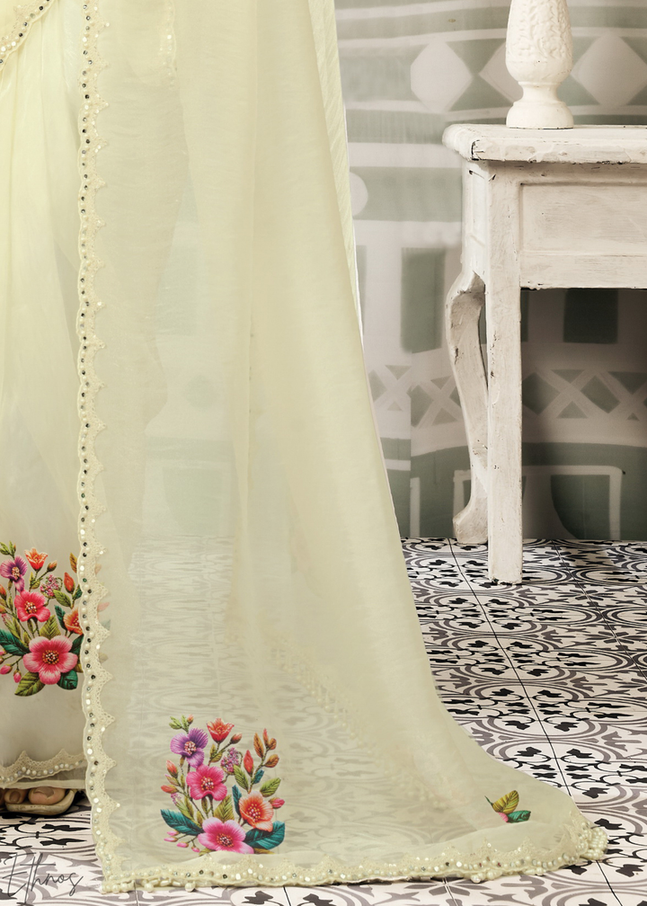 Cream White Organza Satin Silk Saree