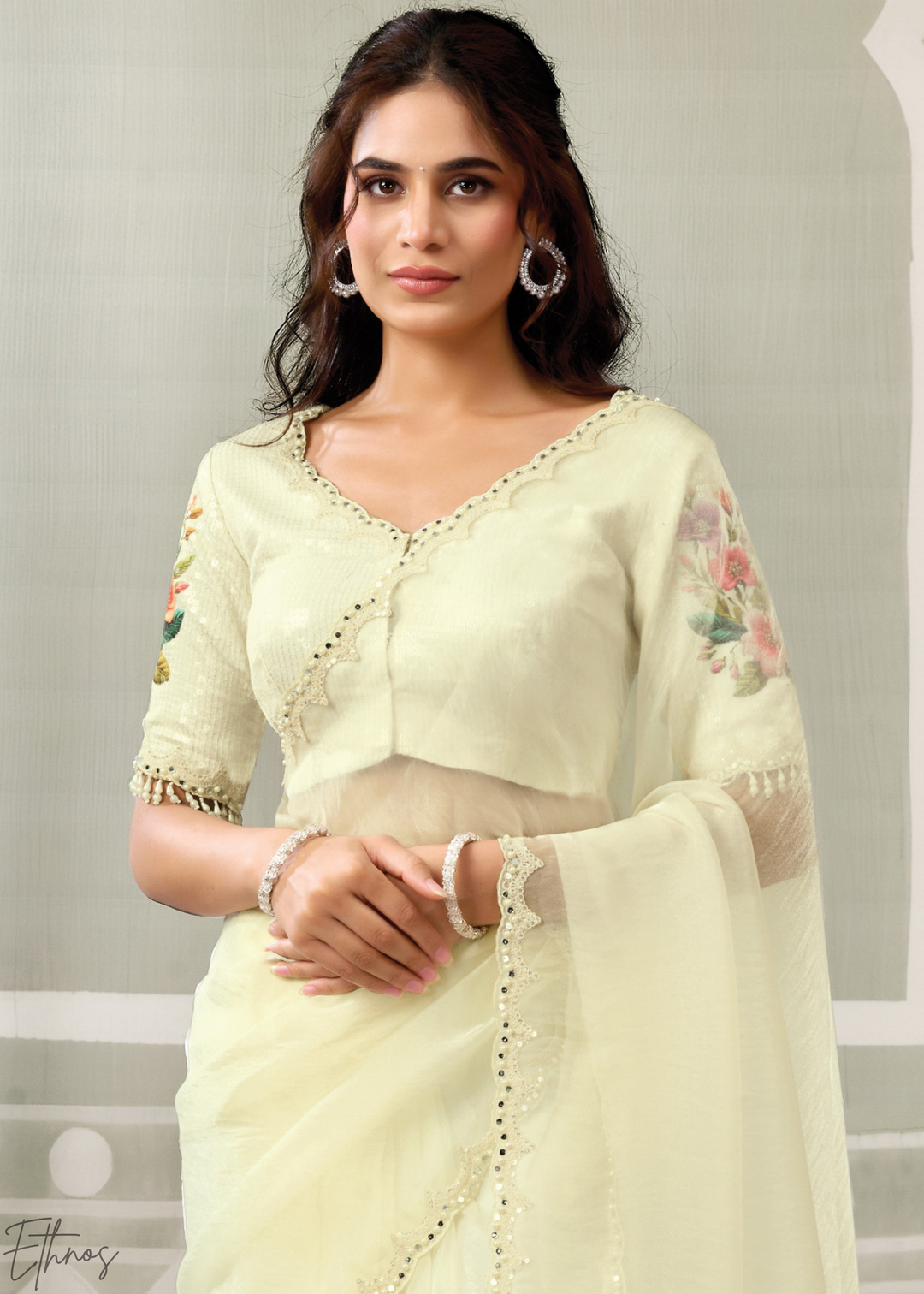 Cream White Organza Satin Silk Saree