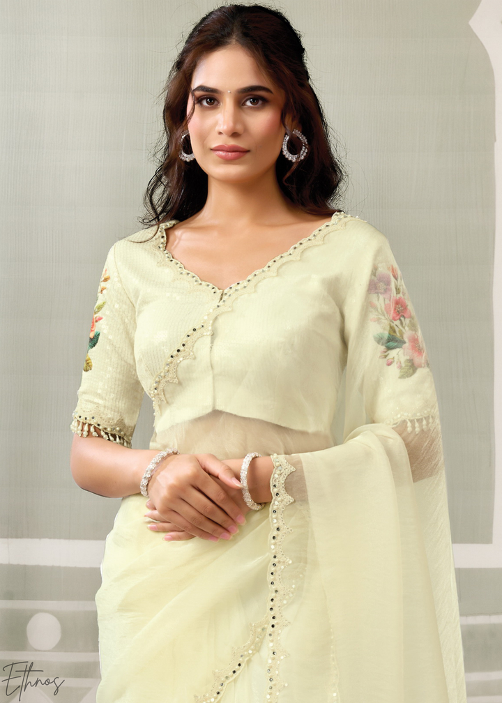 Cream White Organza Satin Silk Saree