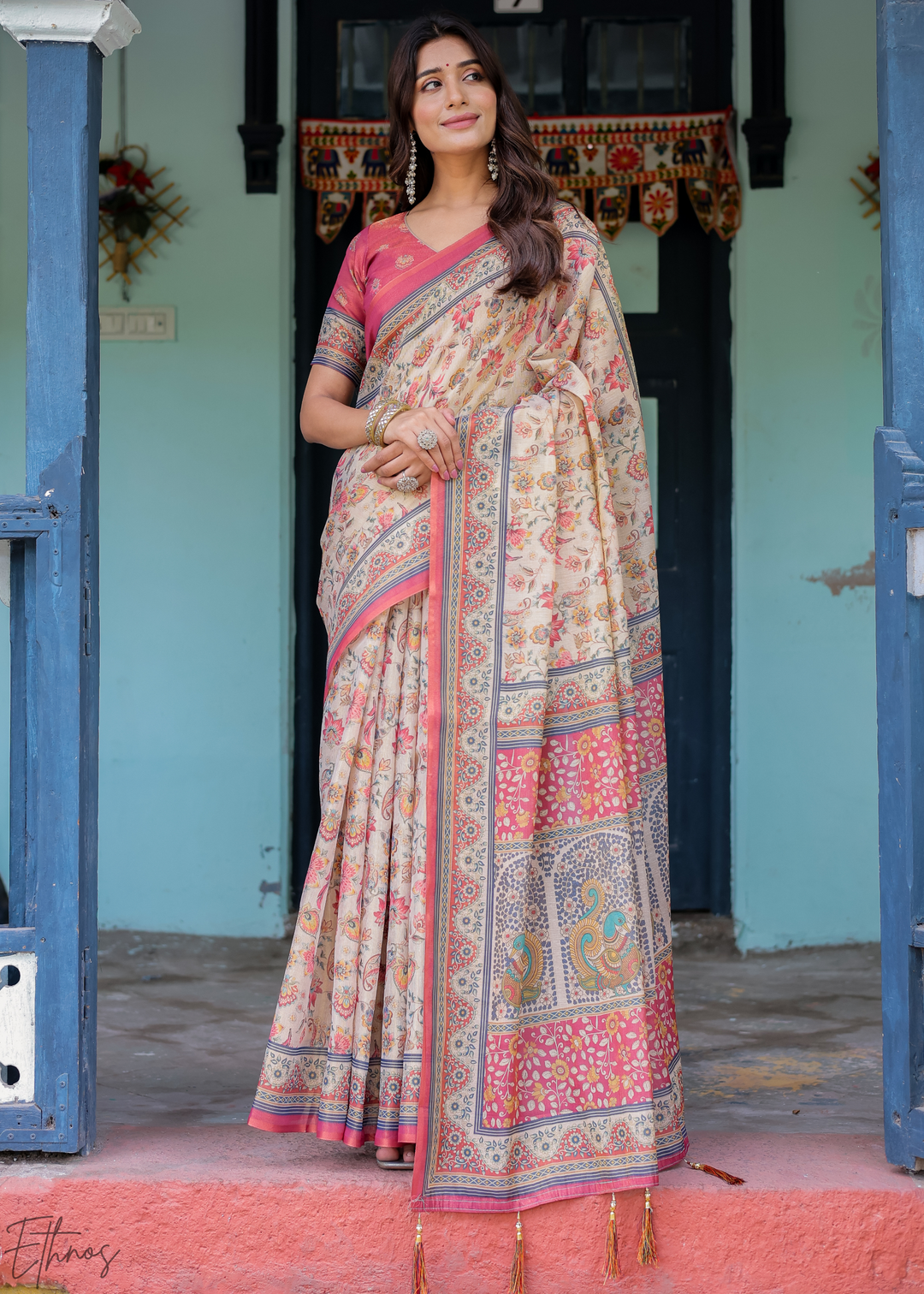 Cream & Blush Royal Heritage Cotton Linen Saree