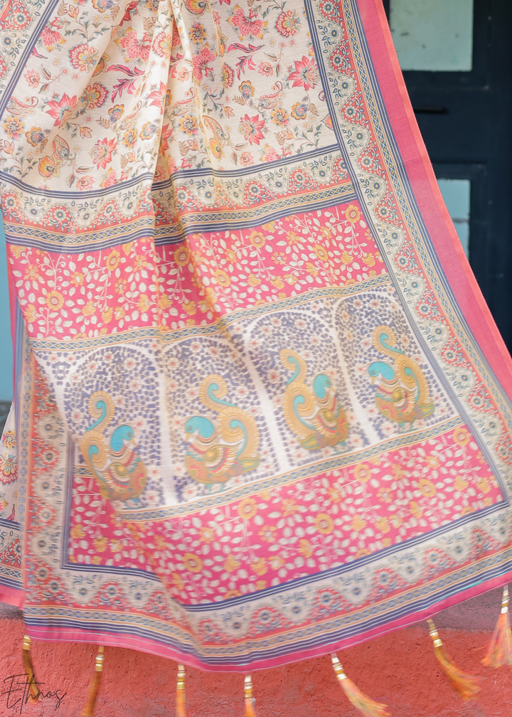 Cream & Blush Royal Heritage Cotton Linen Saree