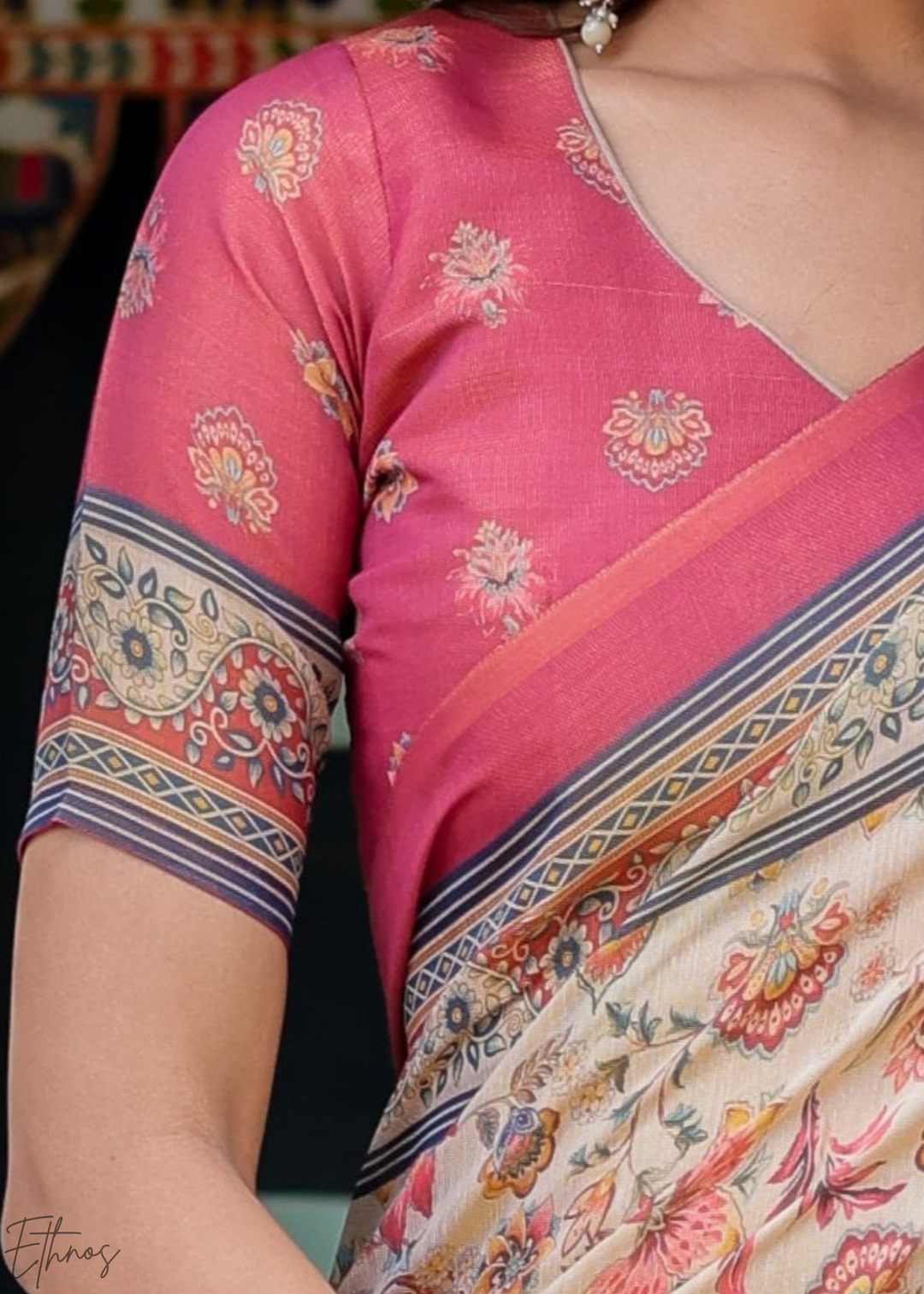 Cream & Blush Royal Heritage Cotton Linen Saree
