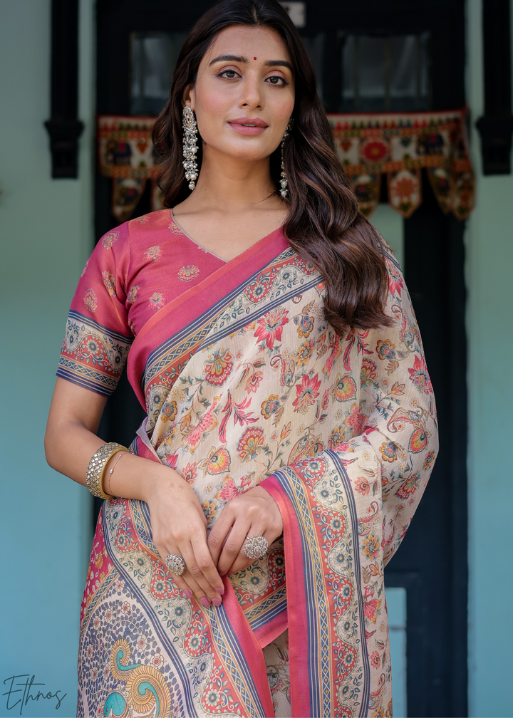Cream & Blush Royal Heritage Cotton Linen Saree