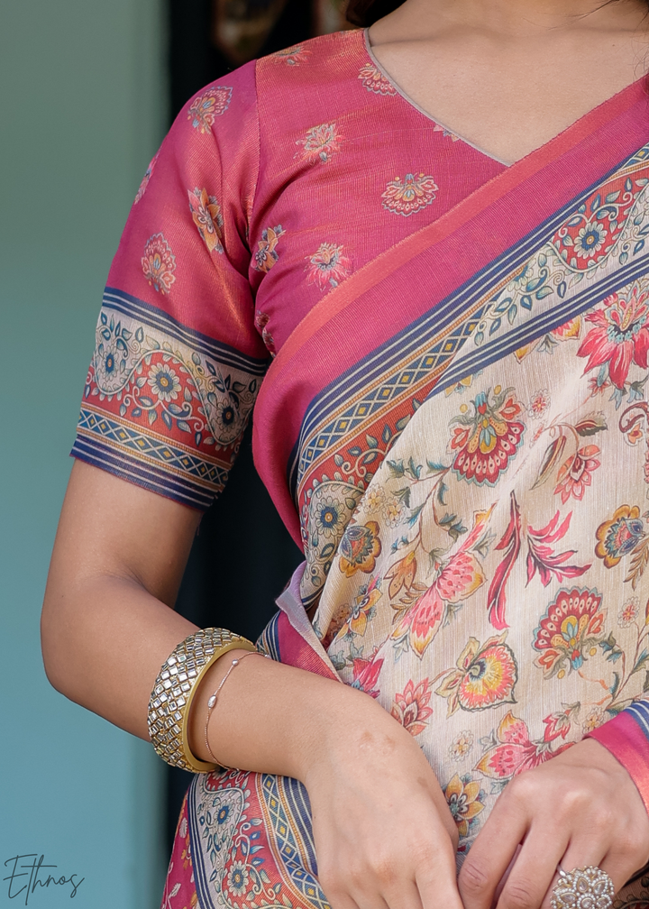 Cream & Blush Royal Heritage Cotton Linen Saree