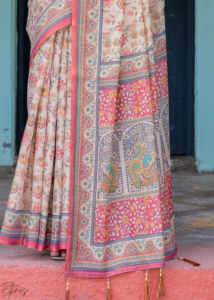 Cream & Blush Royal Heritage Cotton Linen Saree