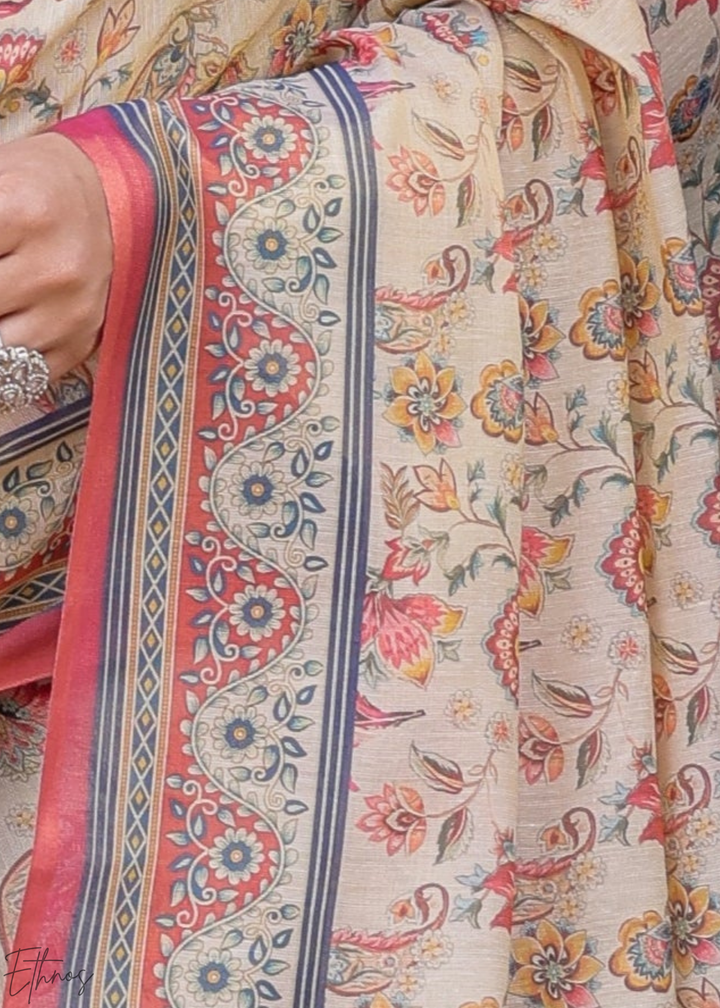 Cream & Blush Royal Heritage Cotton Linen Saree