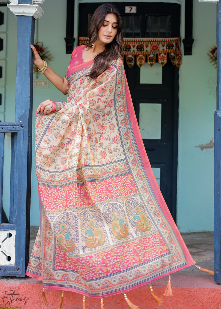 Cream & Blush Royal Heritage Cotton Linen Saree