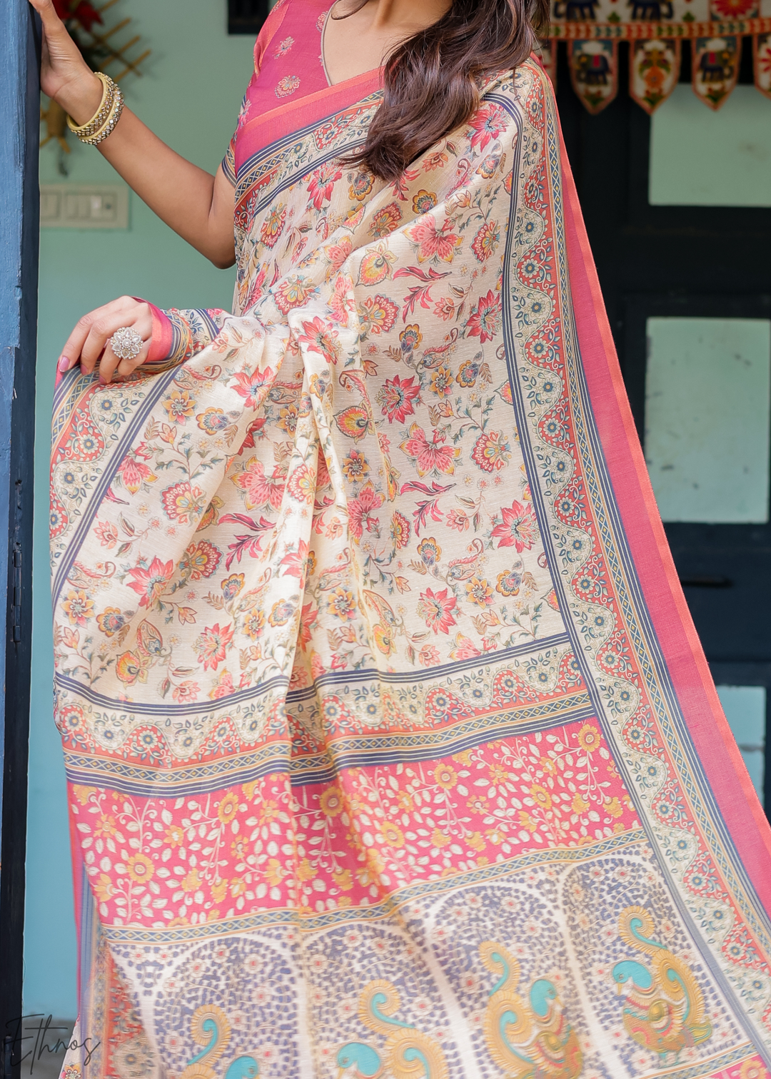 Cream & Blush Royal Heritage Cotton Linen Saree