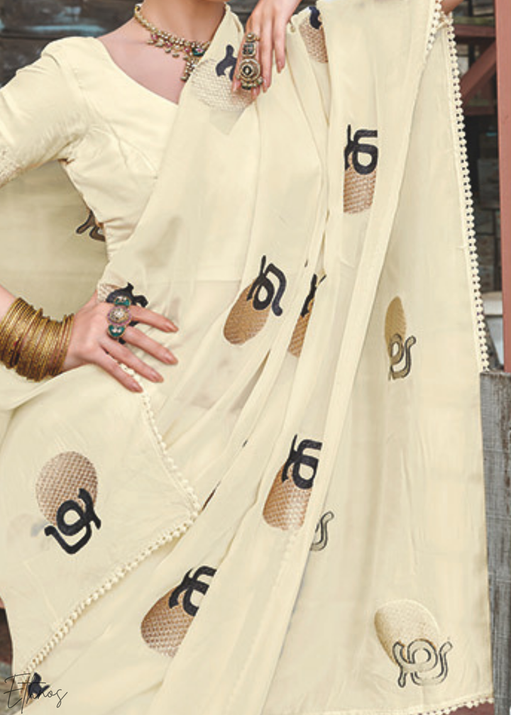 Cream Bold-Stroke Organza Poly-Viscose Saree
