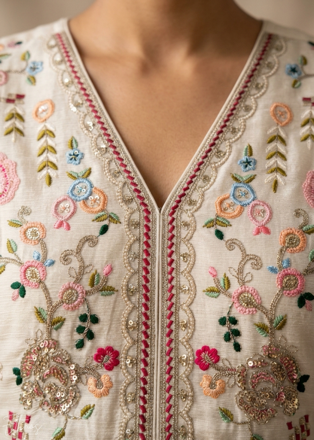 Cream Floral Embroidered Chinon Peplum Sharara Suit