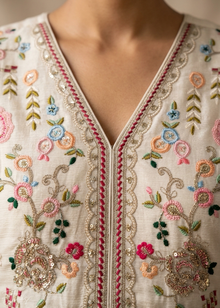 Cream Floral Embroidered Chinon Peplum Sharara Suit