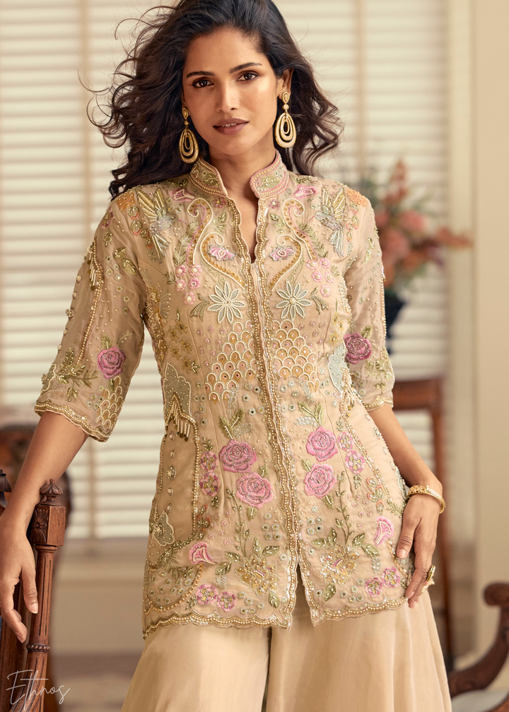 Beige Garden Simar Silk Palazzo Suit