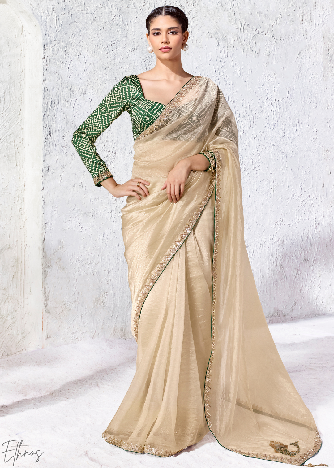 Cream Ivory Sleek Border Embroidered Organza Silk Saree