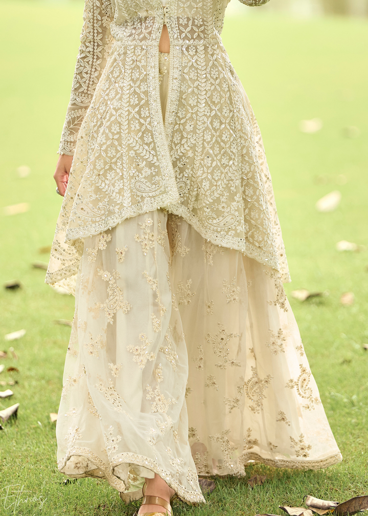 Ivory Net Embroidered Jacket Palazzo Suit
