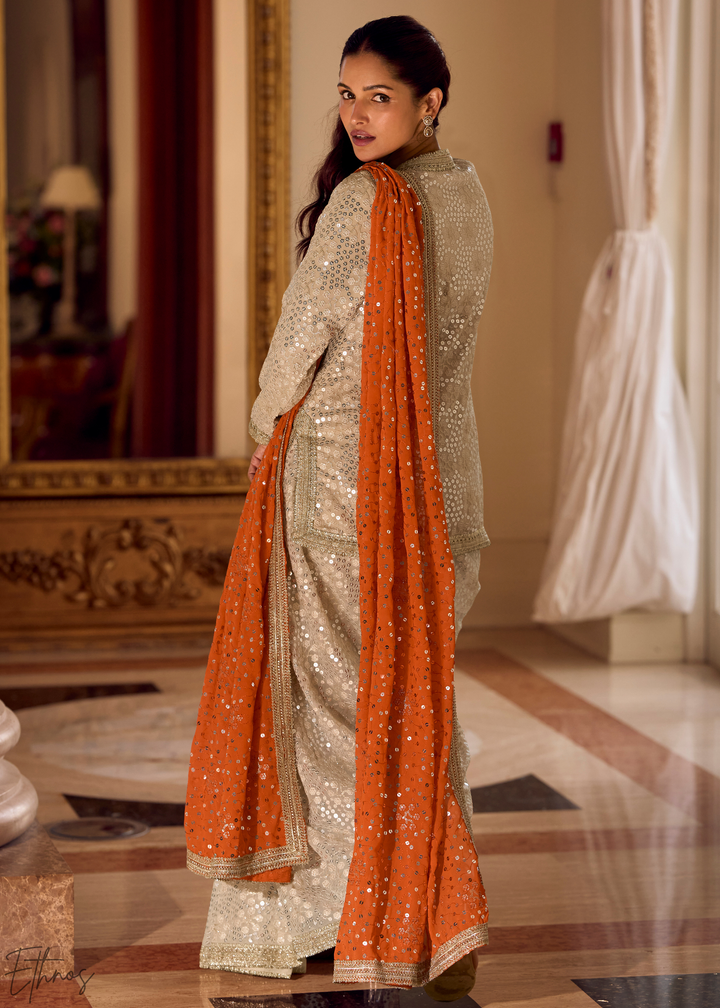 Beige & Orange Gilded Georgette Cowl Pant Set