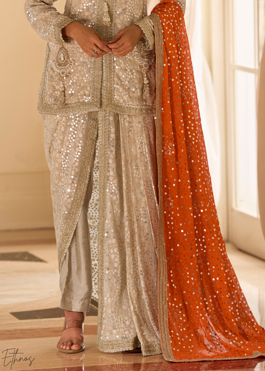 Beige & Orange Gilded Georgette Cowl Pant Set