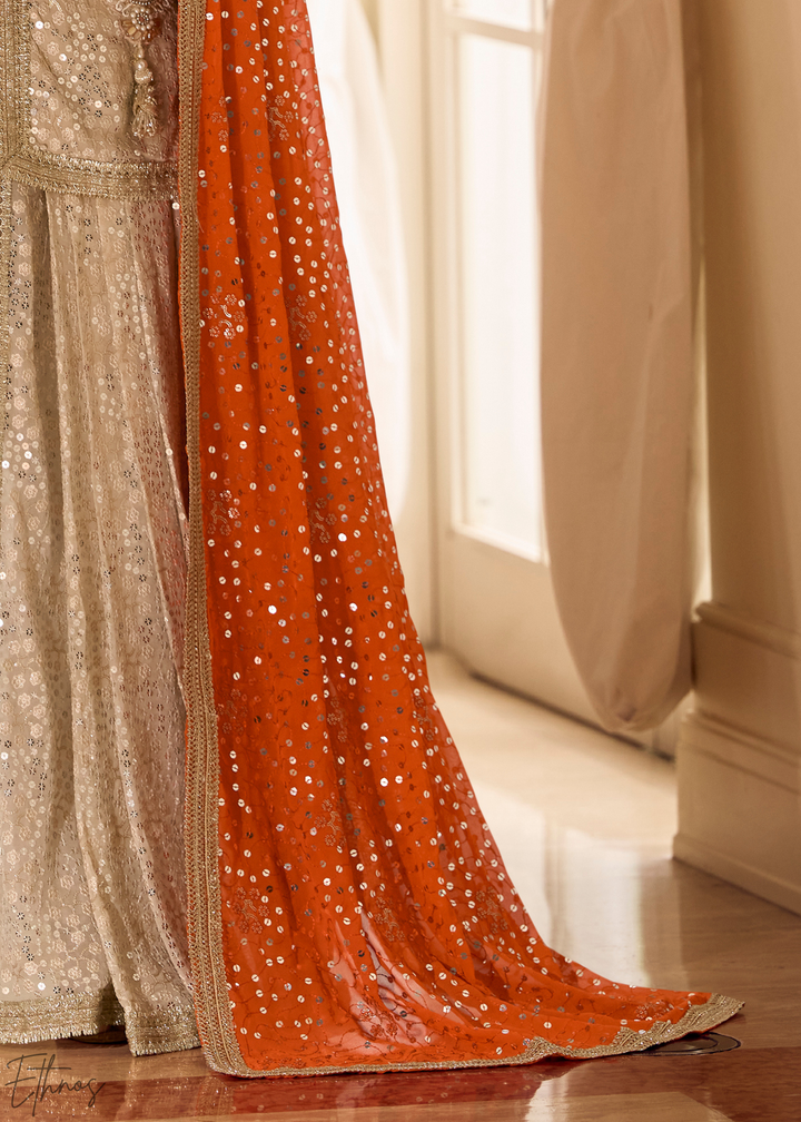 Beige & Orange Gilded Georgette Cowl Pant Set