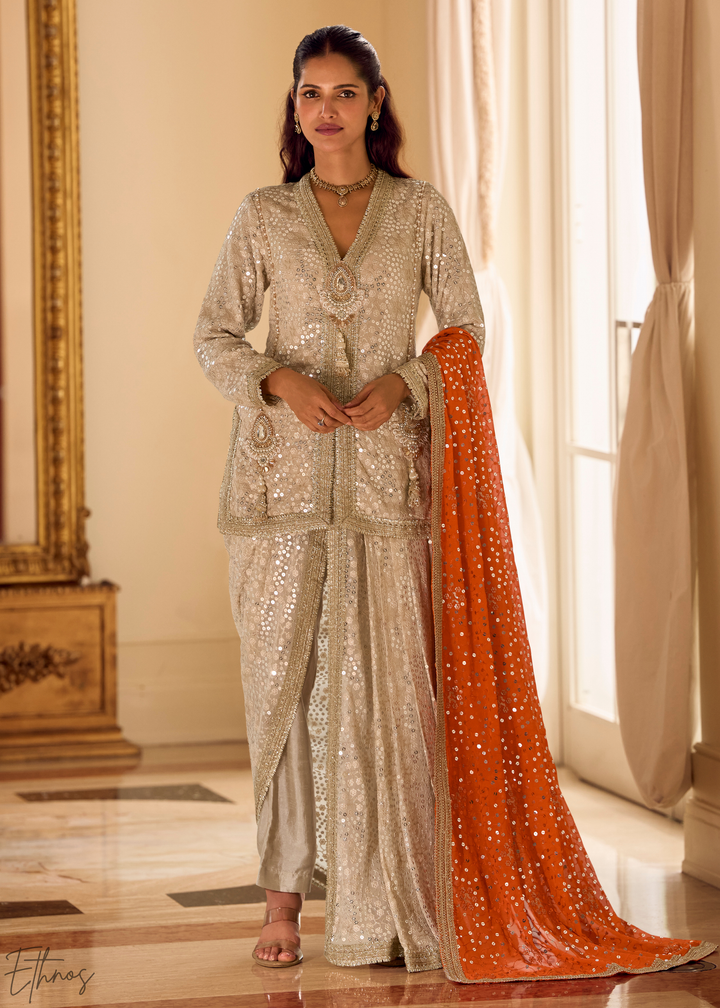 Beige & Orange Gilded Georgette Cowl Pant Set