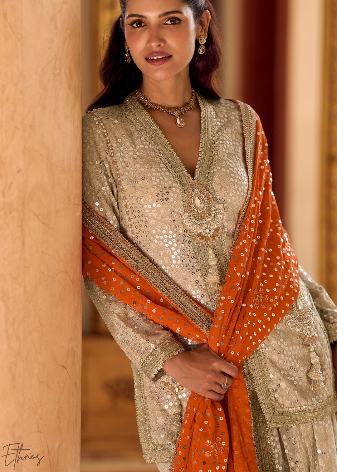 Beige & Orange Gilded Georgette Cowl Pant Set