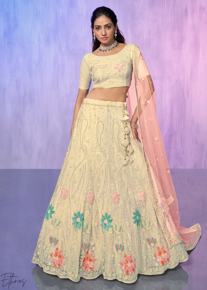 Cream & Pink Floral Embroidered Net Lehenga Choli Set