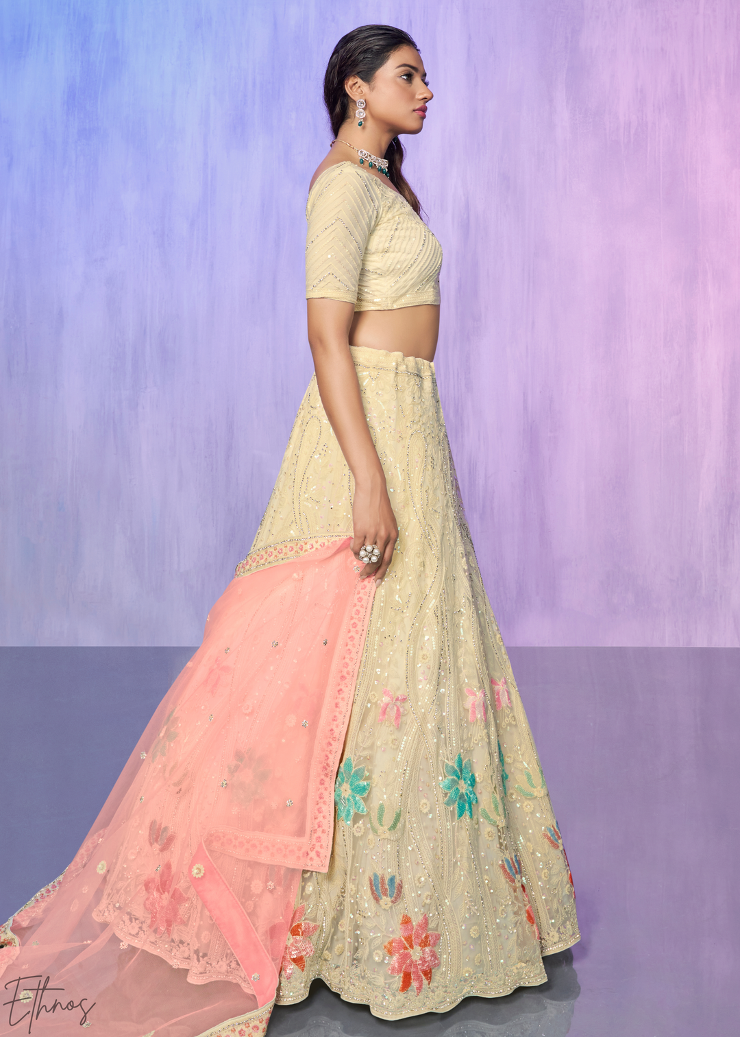 Cream & Pink Floral Embroidered Net Lehenga Choli Set