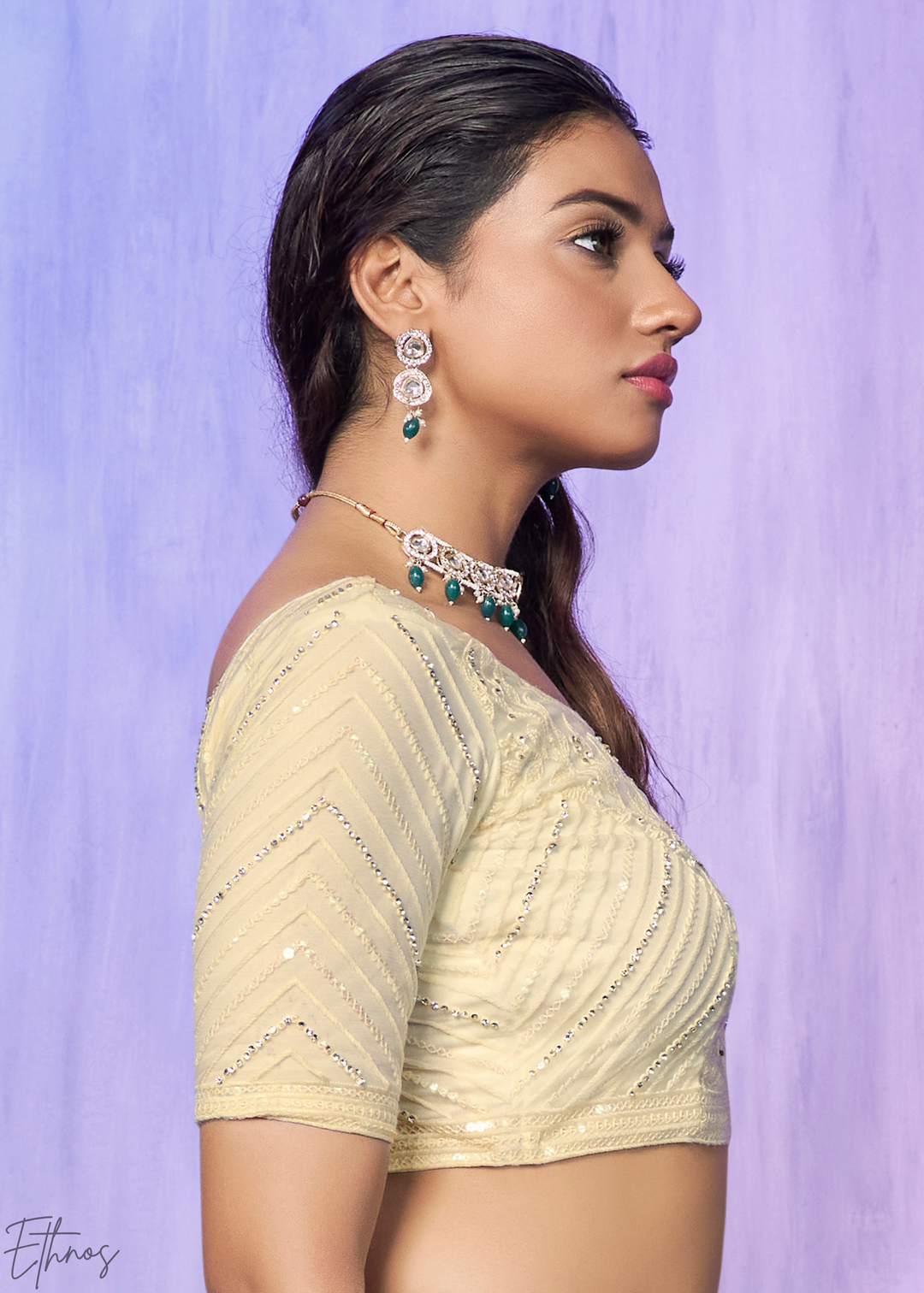 Cream & Pink Floral Embroidered Net Lehenga Choli Set