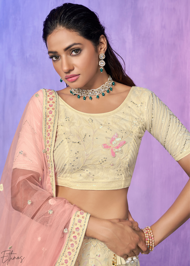 Cream & Pink Floral Embroidered Net Lehenga Choli Set