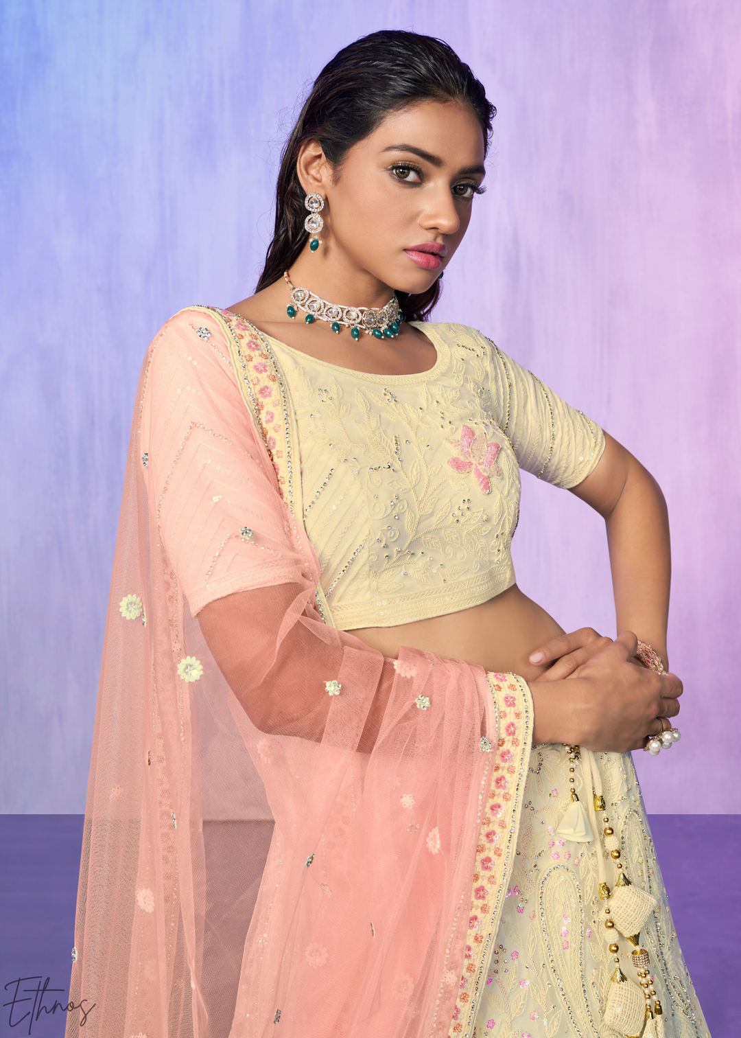 Cream & Pink Floral Embroidered Net Lehenga Choli Set
