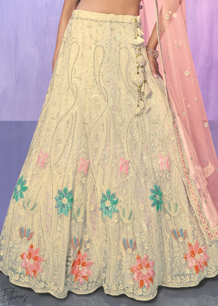 Cream & Pink Floral Embroidered Net Lehenga Choli Set