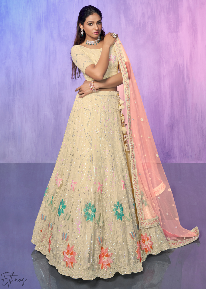 Cream & Pink Floral Embroidered Net Lehenga Choli Set