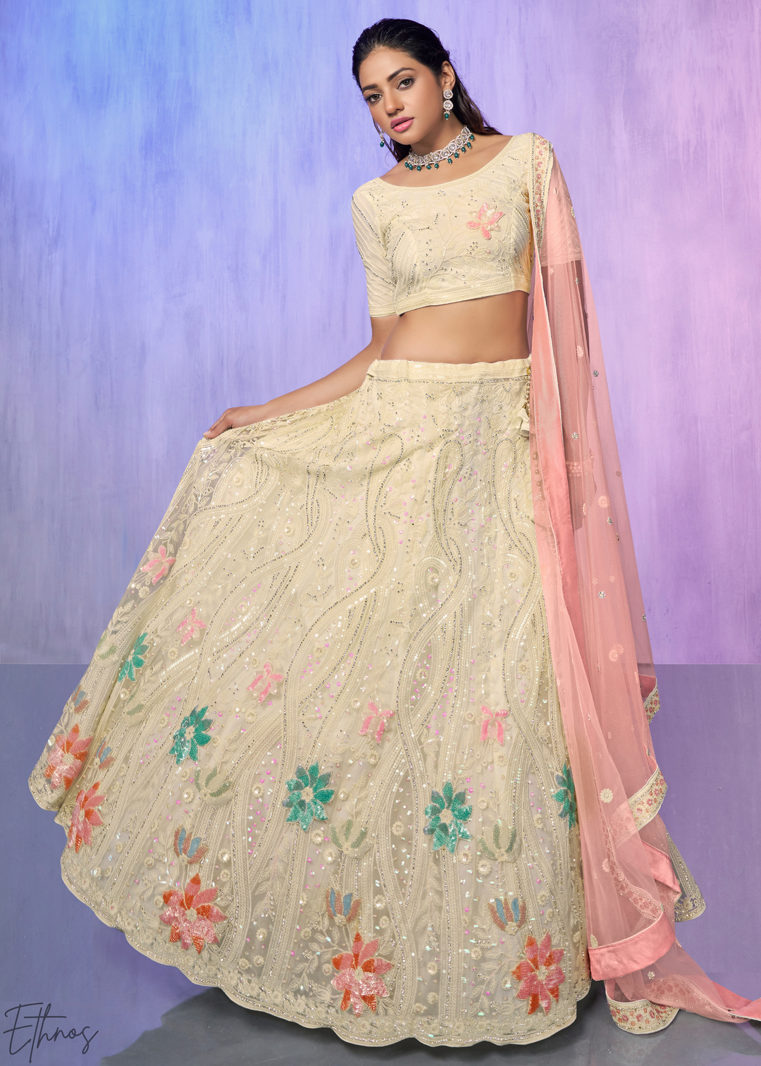 Cream & Pink Floral Embroidered Net Lehenga Choli Set