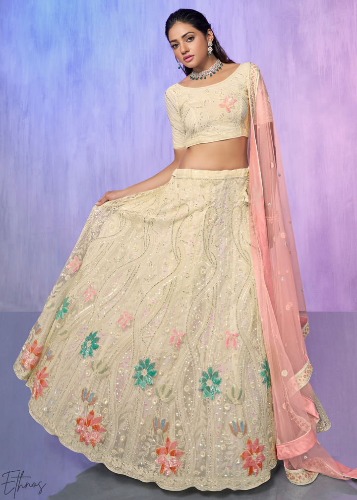 Cream & Pink Floral Embroidered Net Lehenga Choli Set