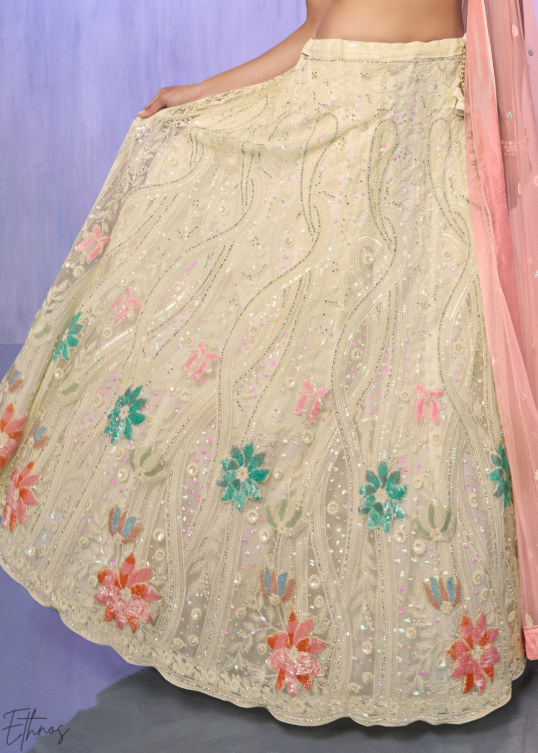 Cream & Pink Floral Embroidered Net Lehenga Choli Set