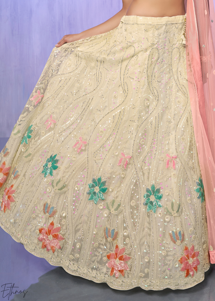 Cream & Pink Floral Embroidered Net Lehenga Choli Set