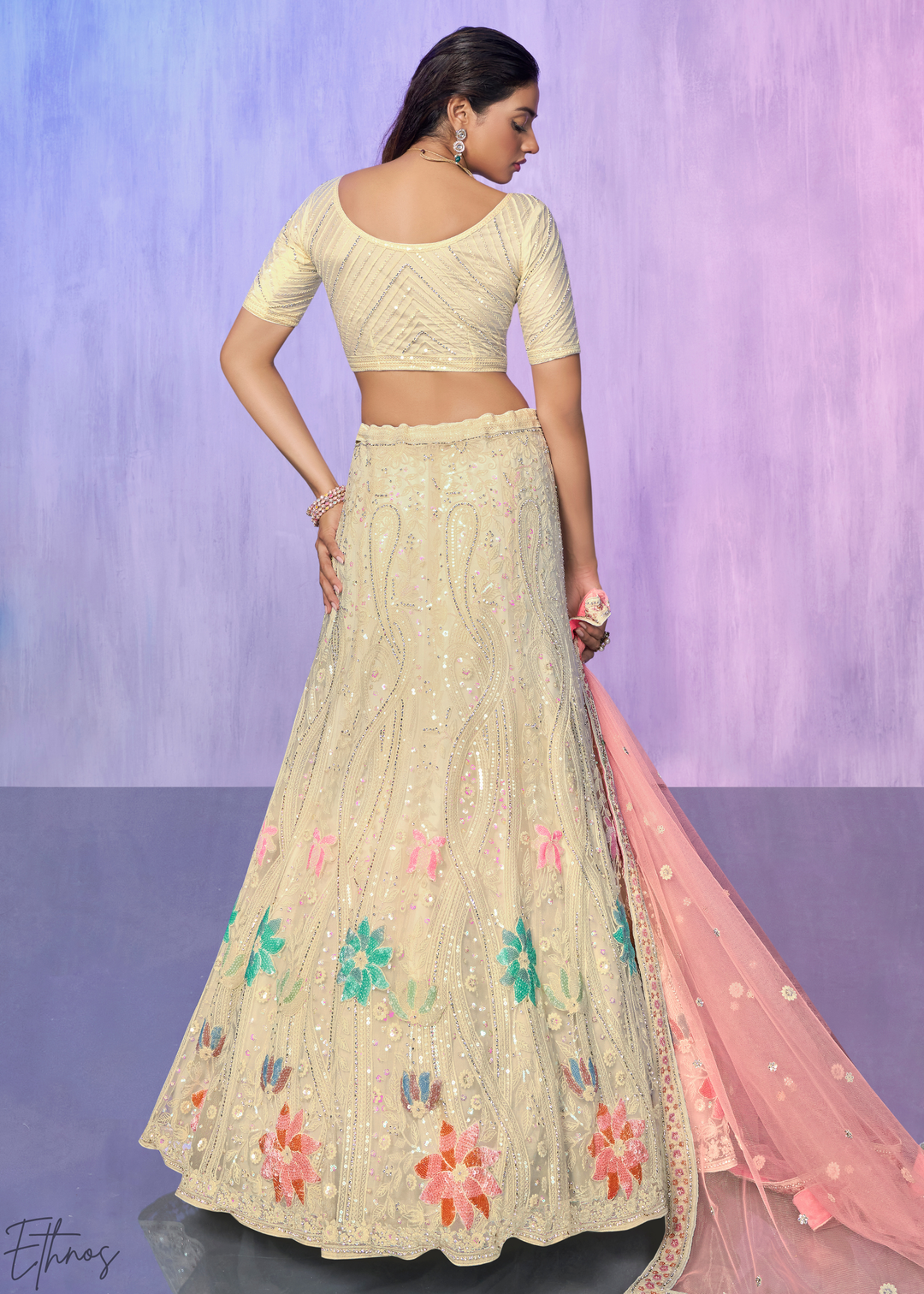 Cream & Pink Floral Embroidered Net Lehenga Choli Set