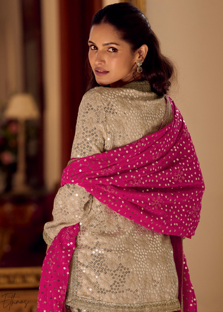 Beige & Pink Gilded Georgette Cowl Pant Set